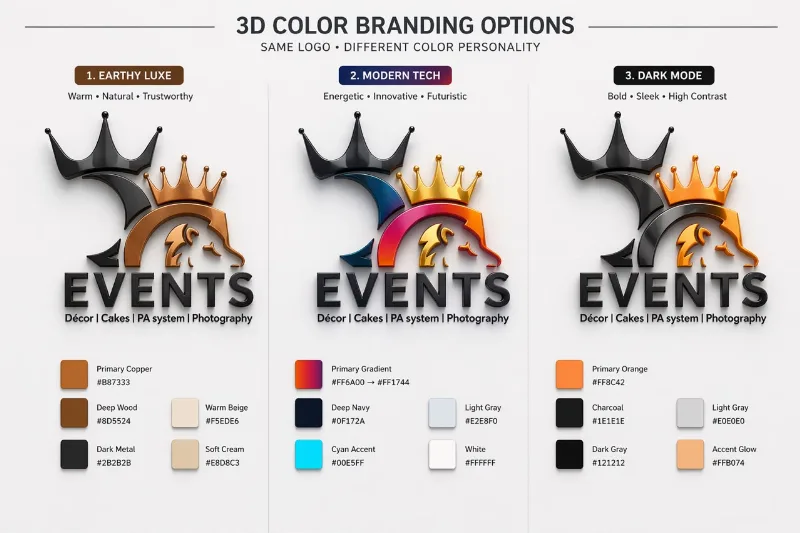 Events logo presented in three 3D colour options
